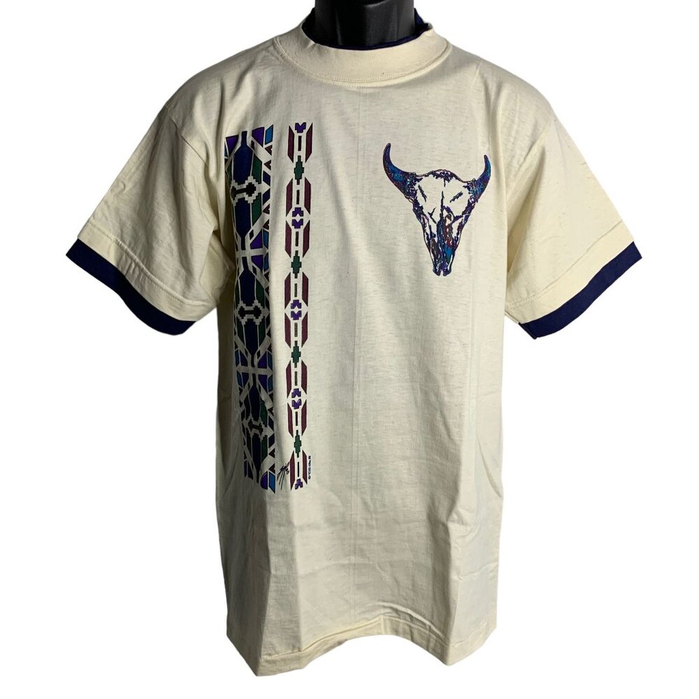 Vintage 90s Southwestern Crewneck T Shirt M Beige Double Collar Deadstock Skull